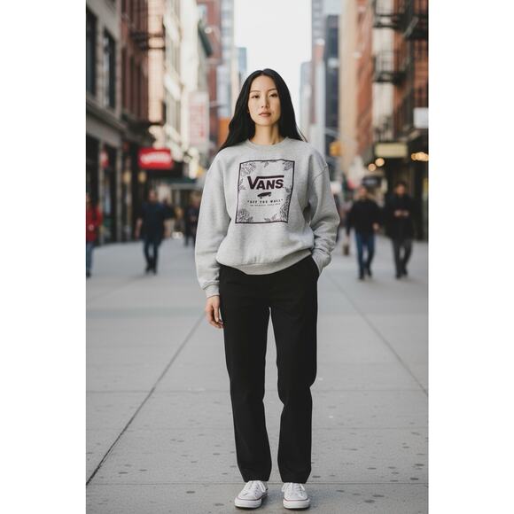 Women's Vans Off The Wall Gray Boxy Sweatshirt Sz XL Flowers Skateboard Graphics - Picture 1 of 11